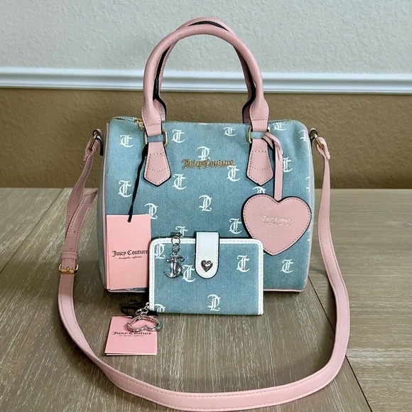 NWT Juicy Couture Gothic Denim bestseller satchel purse w wallet & heart charm - Picture 7 of 13